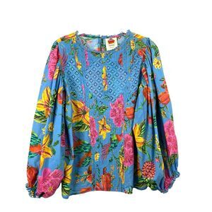 FARM RIO Toucans Lace Inset Balloon Sleeve Cotton blouse Size S bird floral prin